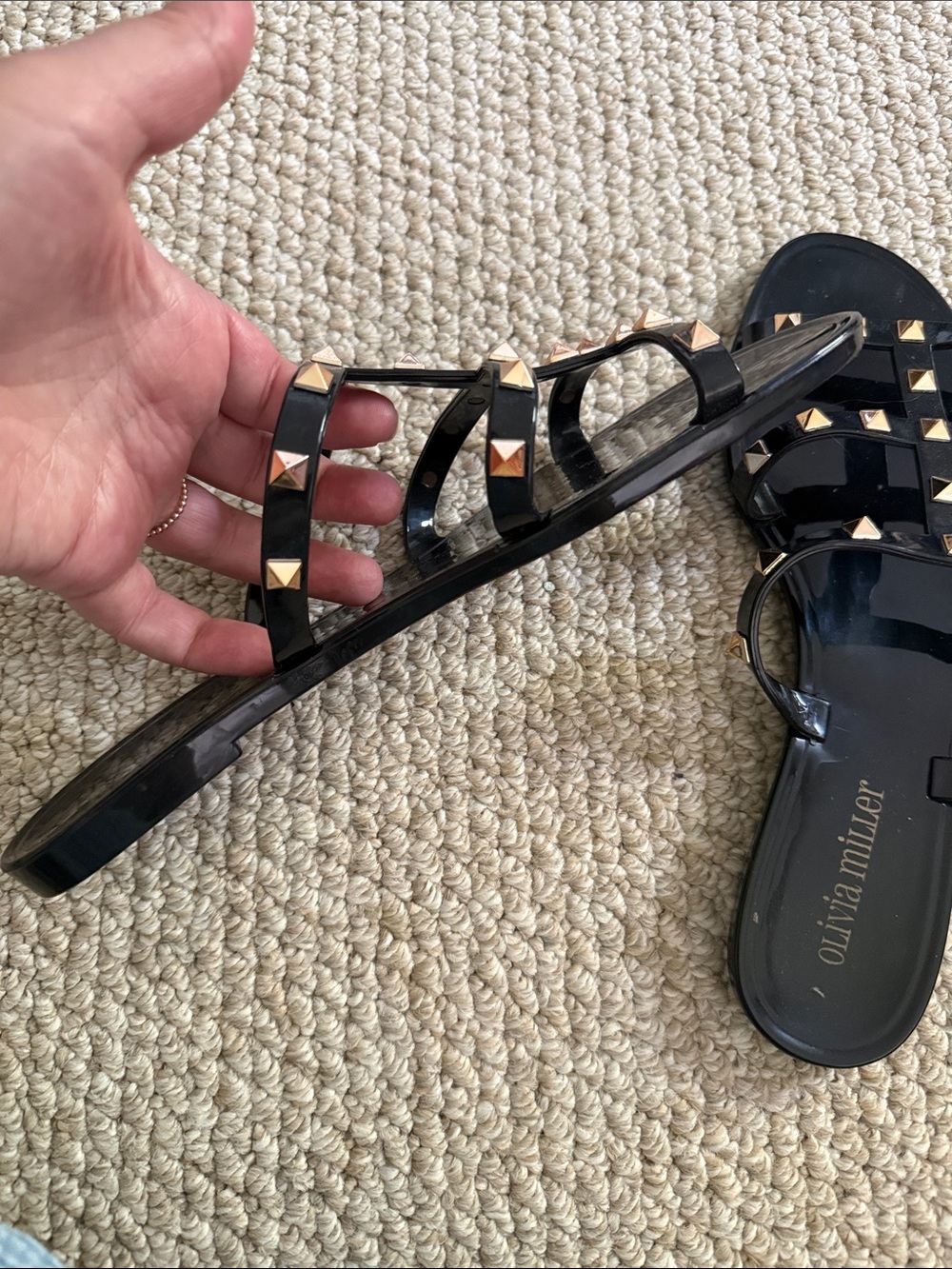 Olivia Miller Black Patent Jelly Sandals with Gold Pyramid Studs - Picture 4 of 4